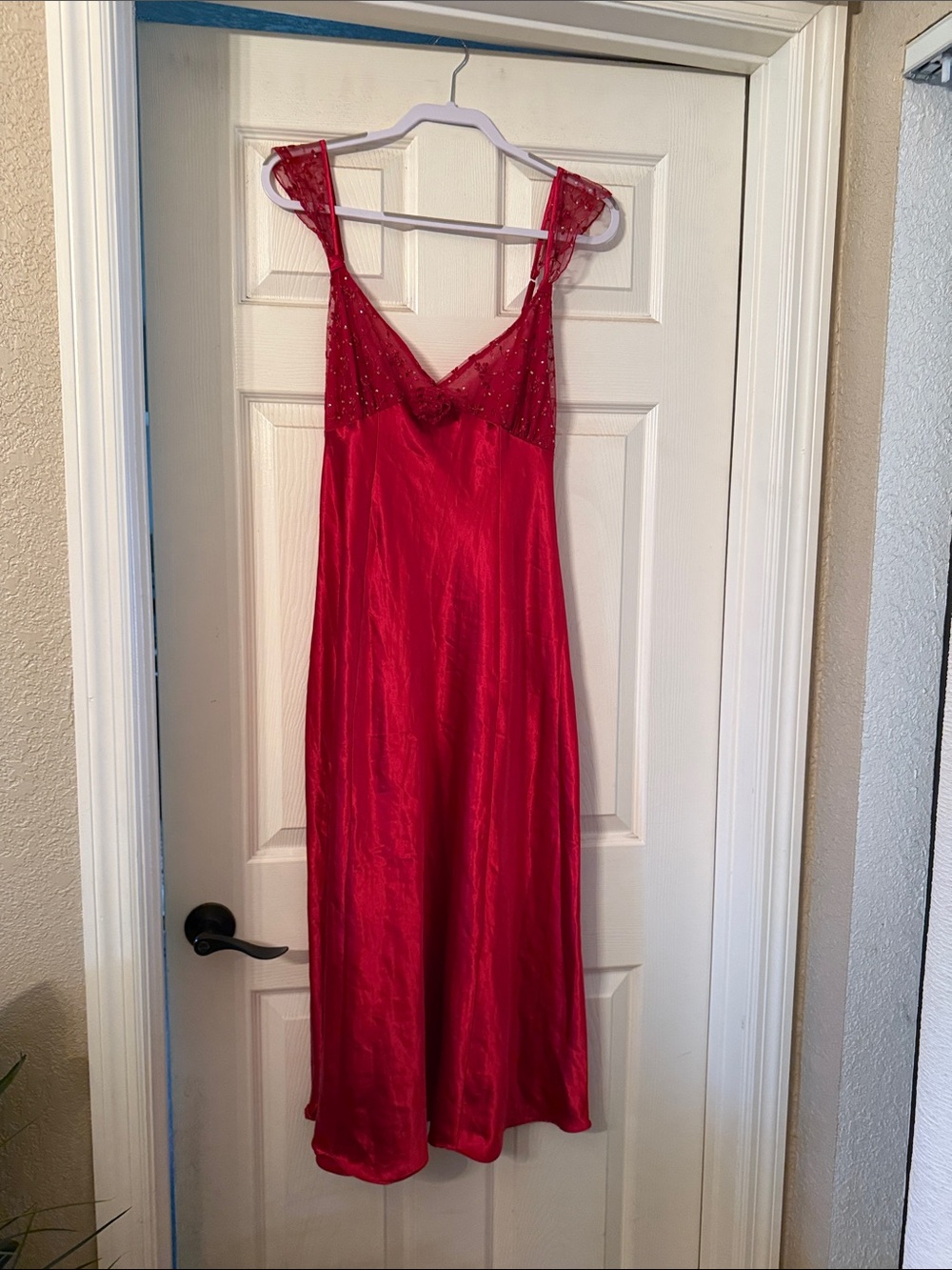 delicates Red Satin Slip Nightgown with Lace Shoulders